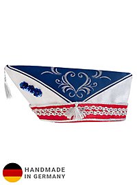 Blue and silver side cap with red edging and baroque embroidery